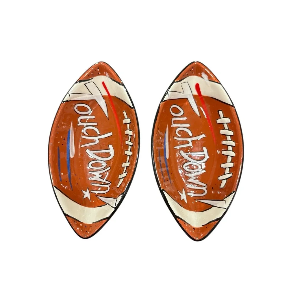 Football‎ Shaped Touch Down Super Bowl Ceramic Snack Dip Dish Clay Art Lot of 2